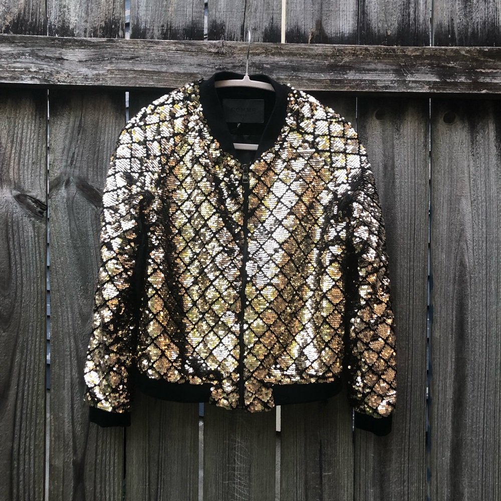 Comme USA Gold Sequin Jacket Zip Front Velvet Trim Geometric Size S
